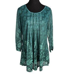 NWOT | Teal Green Semi-Sheer Mesh Floral Print Layered Pleated Front Blouse | XL